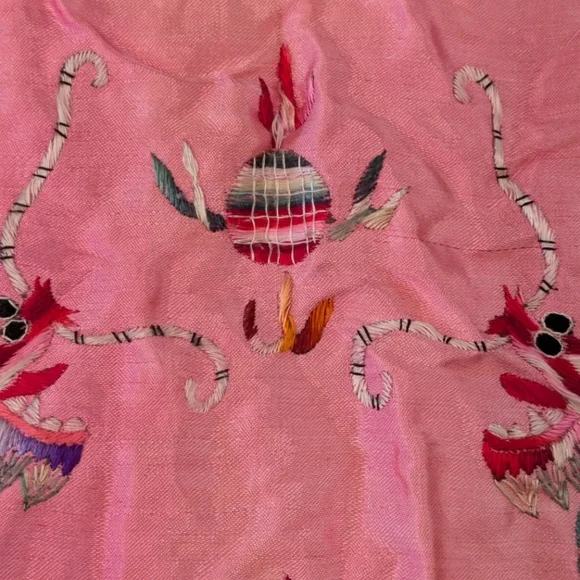 RARE Child Shanghai Embroidered Robe Cape Vintage Satin Dragon Fur Trim Pink - Picture 9 of 16